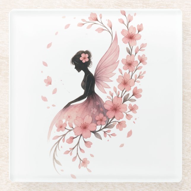 Pink Flower Flower Fairy of Sakura Glass Coaster (Front)