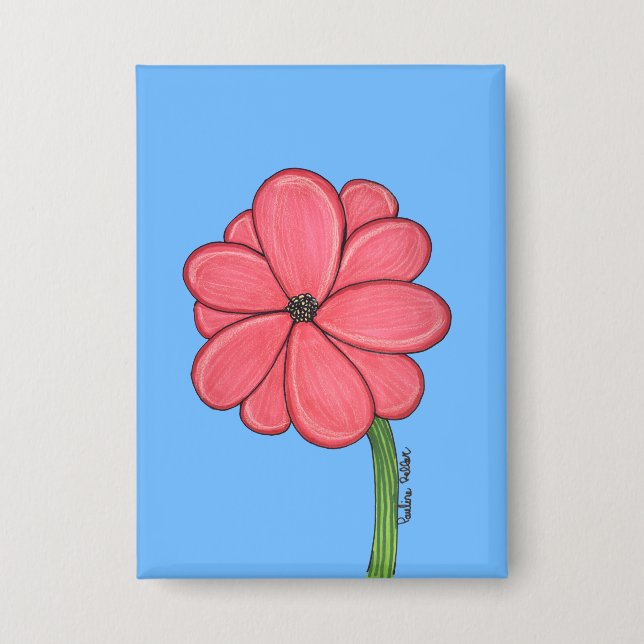 Pink Flower Full with Blue background Button (Front)