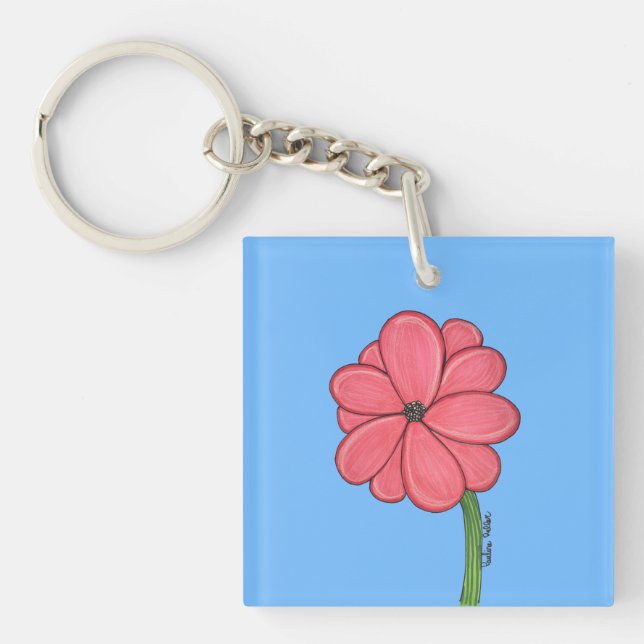 Pink Flower Full with Blue background Keychain (Front)
