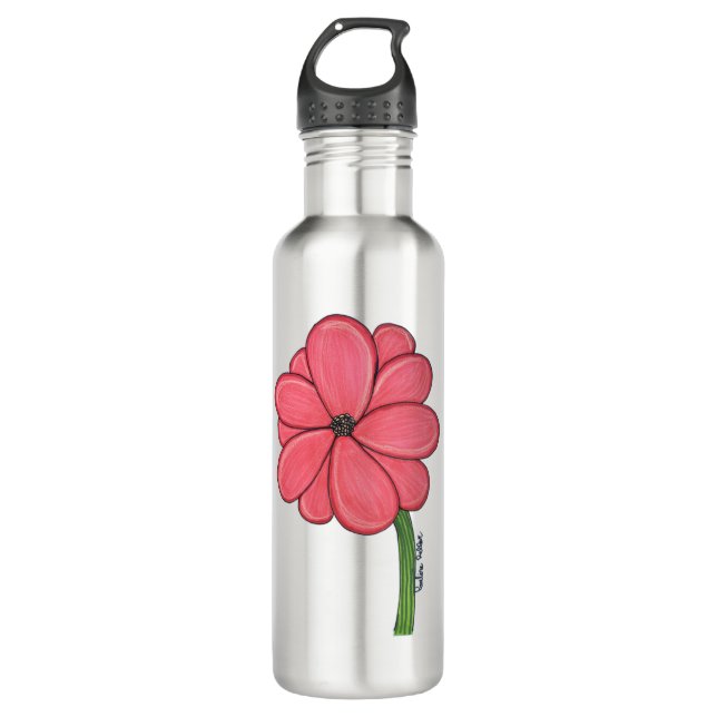 Pink Flower Full with Blue background Stainless Steel Water Bottle (Front)