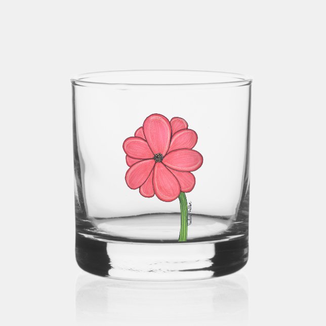 Pink Flower Full with Blue background Whiskey Glass (Front)