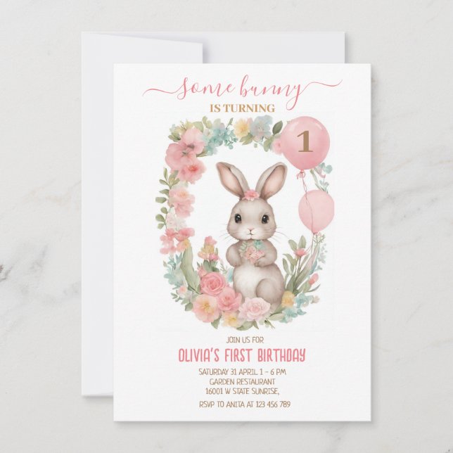 Pink Flower Garden Some Bunny is Turning One  Invitation (Front)