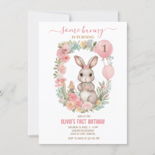 Pink Flower Garden Some Bunny is Turning One  Invitation