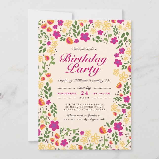 Pink Flower Garden Whimsy Birthday Invite (Front)