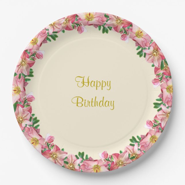 Pink Flower Garland on Ivory Happy Birthday Paper Plates (Front)