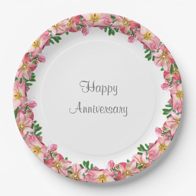Pink Flower Garland on White Happy Anniversary Paper Plates (Front)