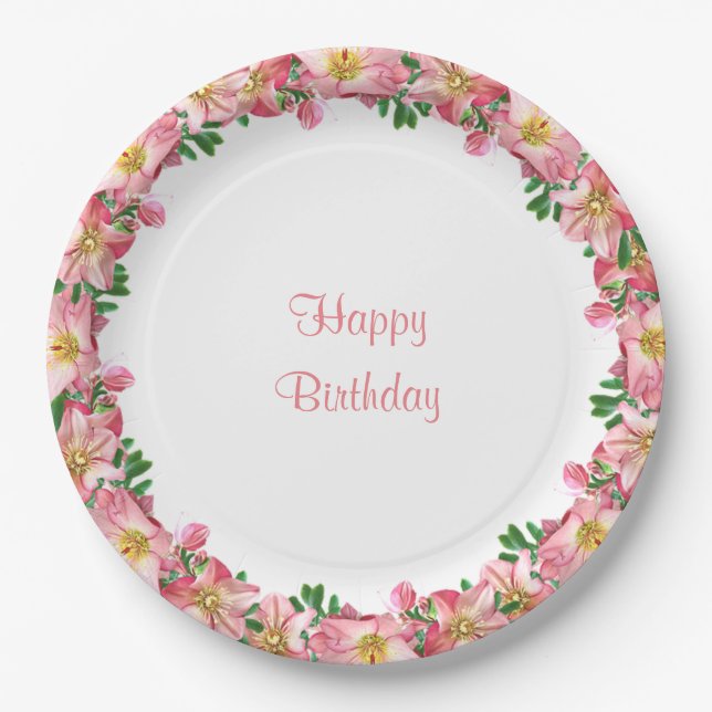 Pink Flower Garland on White Happy Birthday Paper Plates (Front)