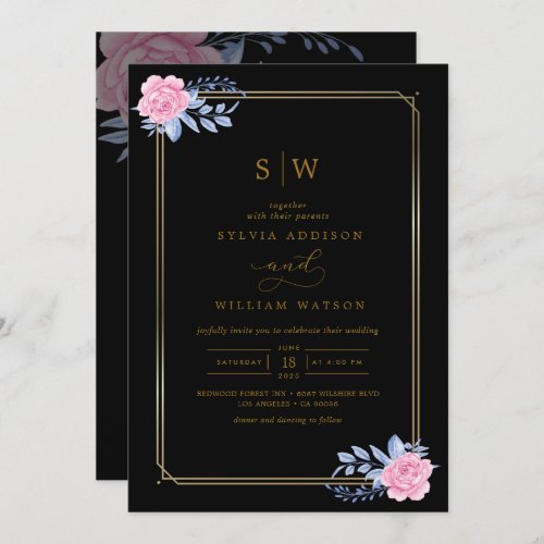 Pink Flower Geometric Gold Frame Elegant Wedding Invitation