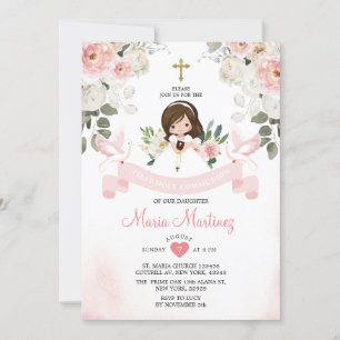 Pink Flower Girl 1st Holy Communion Gold Cross Invitation