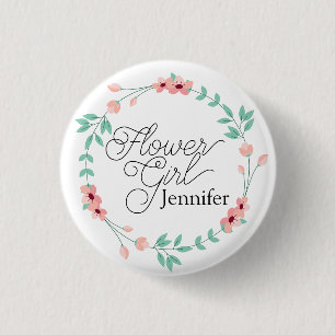 Pink Flower Girl Floral Wreath with Name Button