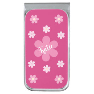 Pink Flower Glam- Silver Finish Money Clip
