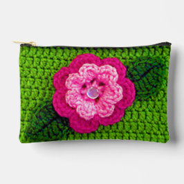 Pink Flower Grass Green Leaf Artisan Crochet Print Accessory Pouch