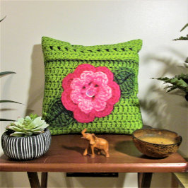Pink Flower Green Artisan Crochet Print Outdoor Throw Pillow