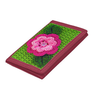 Pink Flower Green Artisan Designer Crochet Print Tri-fold Wallet
