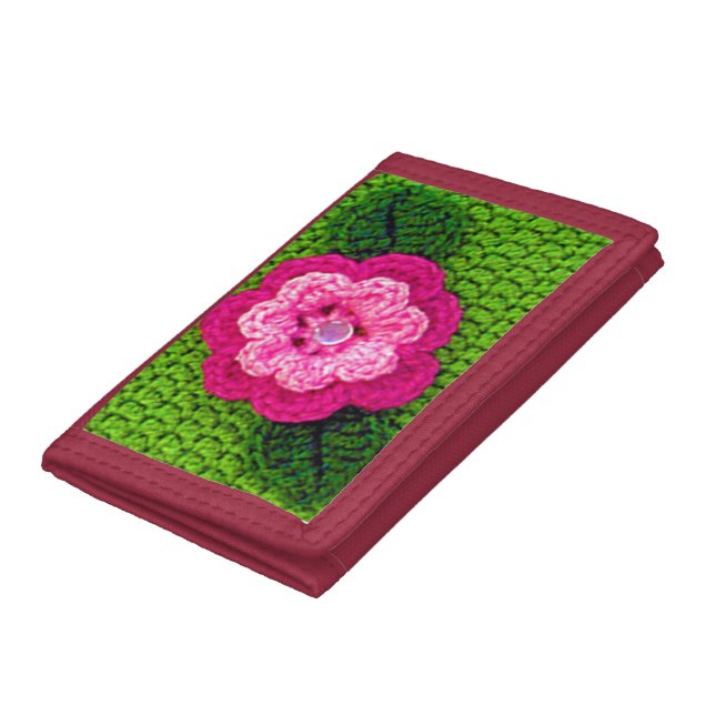 Pink Flower Green Artisan Designer Crochet Print Trifold Wallet (Bottom)