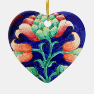 PINK FLOWER Green Blue Floral Heart Ceramic Ornament