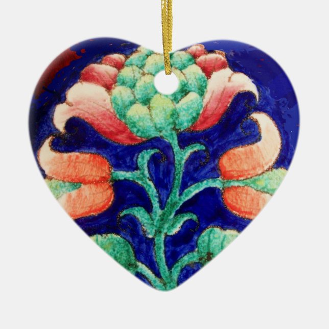 PINK FLOWER Green Blue Floral Heart Ceramic Ornament (Front)