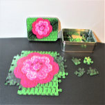 Pink Flower Green Designer Crochet Print Acrylic Jigsaw Puzzle<br><div class="desc">Green and pink floral image printed on acrylic jigsaw puzzle is from a photo of an original crocheted creation designed handmade and Copyright © by published designer Delores Chamblin. The picture of the unique handcrafted flower,  leaves and pearly button is reproduced on the puzzle.</div>