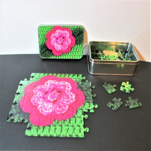 Pink Flower Green Designer Crochet Print Acrylic Jigsaw Puzzle