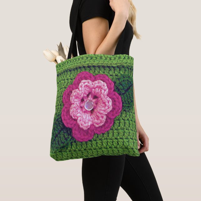 Pink Flower Green Leaf Artisan Crochet Print  Tote Bag (Close Up)