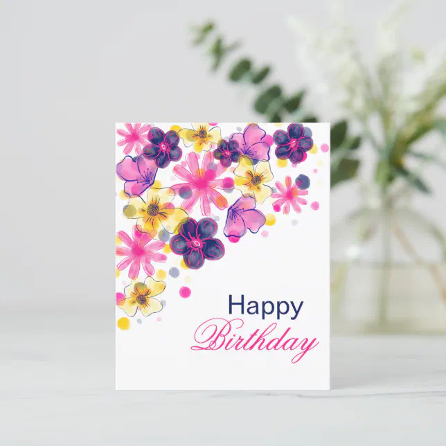 Pink Flower Happy Birthday Card Floral art Zazzle