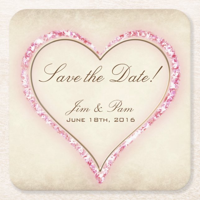 Pink Flower Heart Save the Date Square Paper Coaster (Front)
