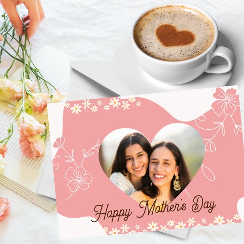 Pink Flower  Heart Shape Photo Mothers Day Card