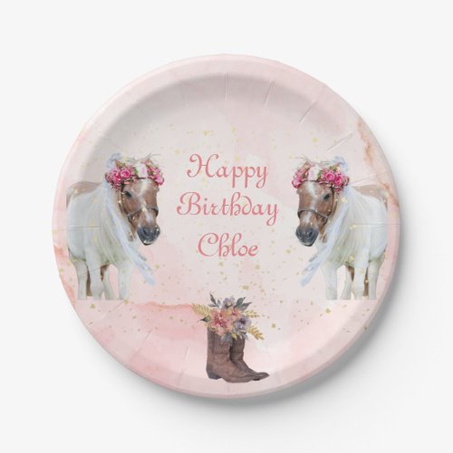 Pink Flower Horse Birthday Paper Plates