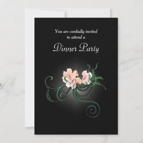 Pink Flower Illustration on Black Dinner Party Invitation