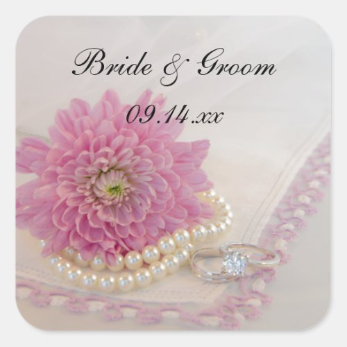 Pink Flower Lace and Rings Wedding Envelope Seals