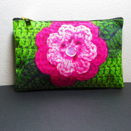 Pink Flower Lawn Green Leaf Artisan Crochet Print Accessory Pouch