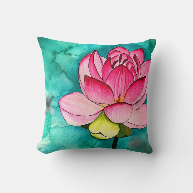 Pink flower lotus fine art watercolor throw pillow (Front)