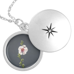 Pink Flower Mallow green leaves on dark grey  Locket Necklace