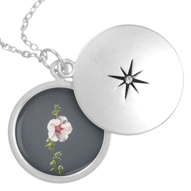 Pink Flower Mallow green leaves on dark grey  Locket Necklace (Front)