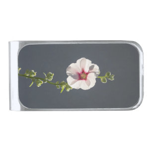 Pink Flower Mallow green leaves on dark grey Silver Finish Money Clip