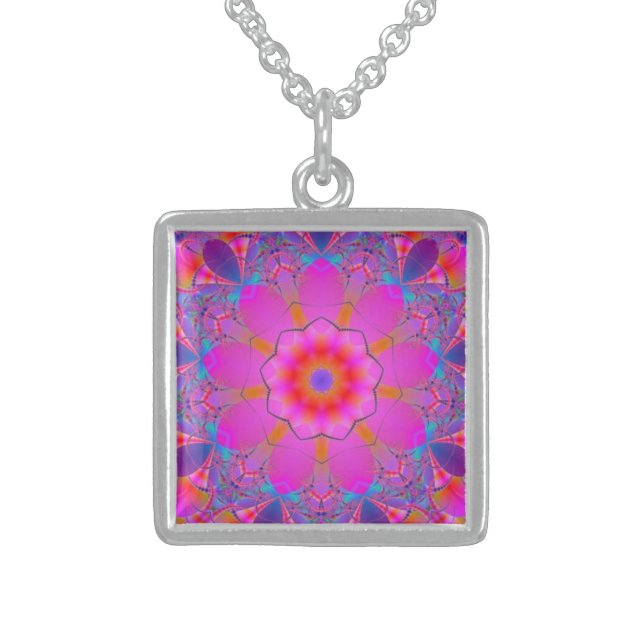 Pink Flower Mandala Sterling Silver Necklace (Front)