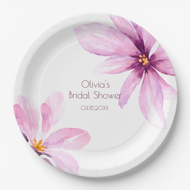 Pink Flower Minimalist elegant Bridal Shower Paper Plates (Front)