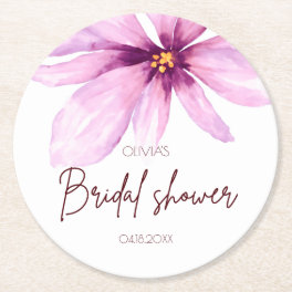 Pink Flower Minimalist elegant Bridal Shower Round Paper Coaster