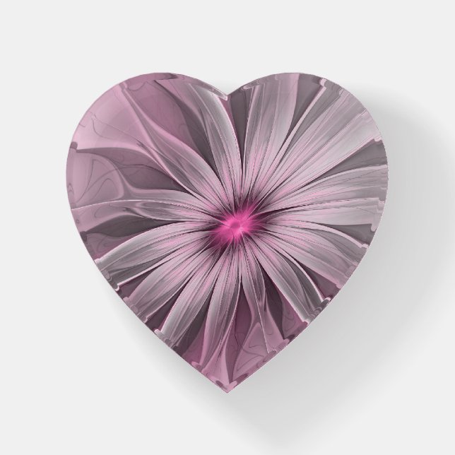 Pink Flower Modern Abstract Fractal Art Heart Paperweight (Front)