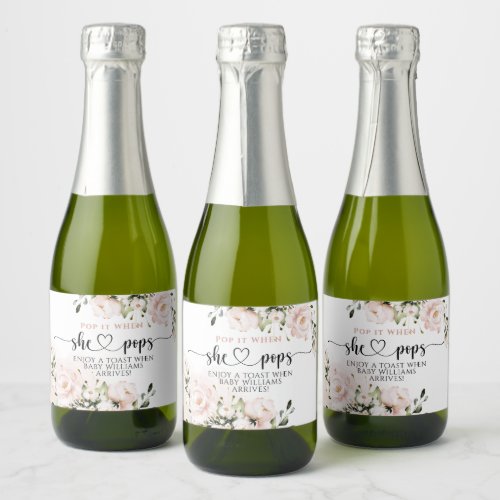 Pink flower modern girl Baby Shower Pop it Sparkling Wine Label