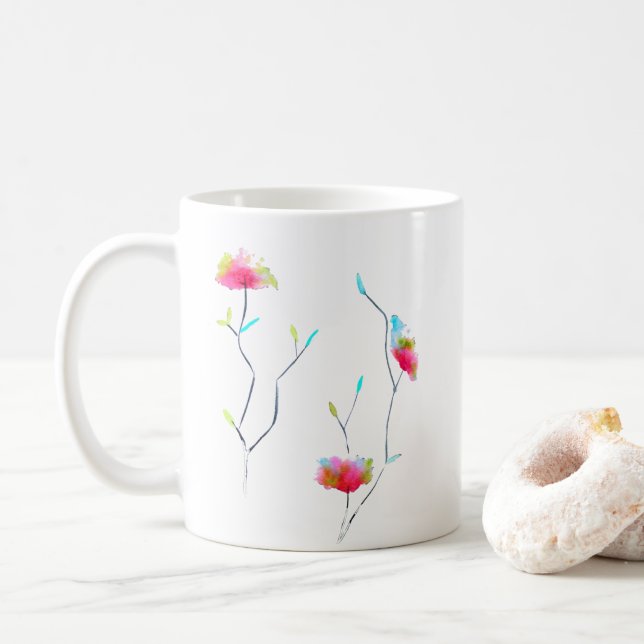 Pink flower modern simple Japanese inspired art Coffee Mug (With Donut)