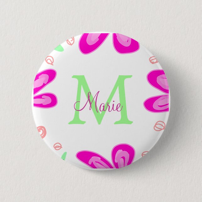 Pink flower monogram add name letter green leaf button (Front)