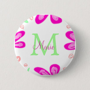 Pink flower monogram add name letter green leaf button