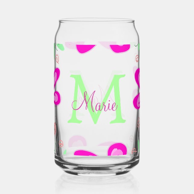 Pink flower monogram add name letter green leaf can glass (Front)