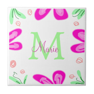 Pink flower monogram add name letter green leaf ceramic tile