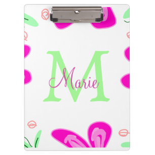 Pink flower monogram add name letter green leaf clipboard