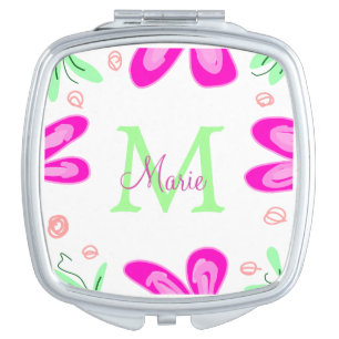 Pink flower monogram add name letter green leaf compact mirror