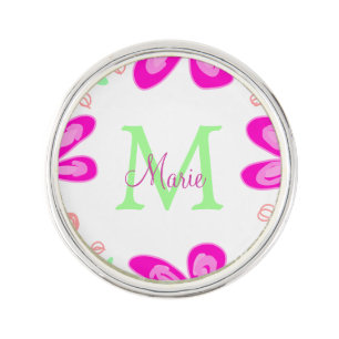 Pink flower monogram add name letter green leaf lapel pin
