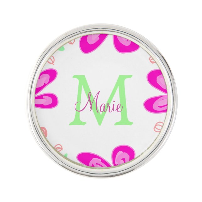 Pink flower monogram add name letter green leaf lapel pin (Front)