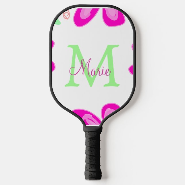 Pink flower monogram add name letter green leaf pickleball paddle (Front)